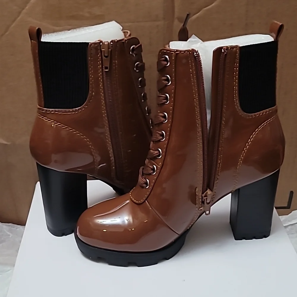 Cognac Boots Zip Up Chunky heel Size 6M Women's New - Picture 3 of 7